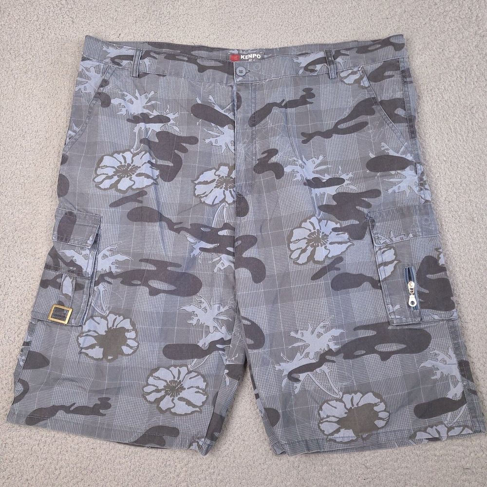Kenpo Cargo Shorts Mens‎ 42 Blue Camo Floral Plaid Hawaiian